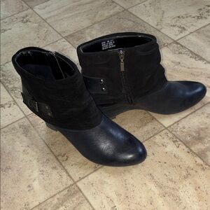 Clarks Black Leather and Suede Slouch Wedge Ankle Bootie with Side Zipper